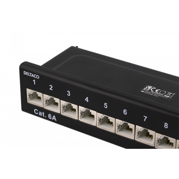 DELTACO Patchpanel, 12xRJ45, Cat6a, väggmonterbar, 10Gbps, svart PAN-213