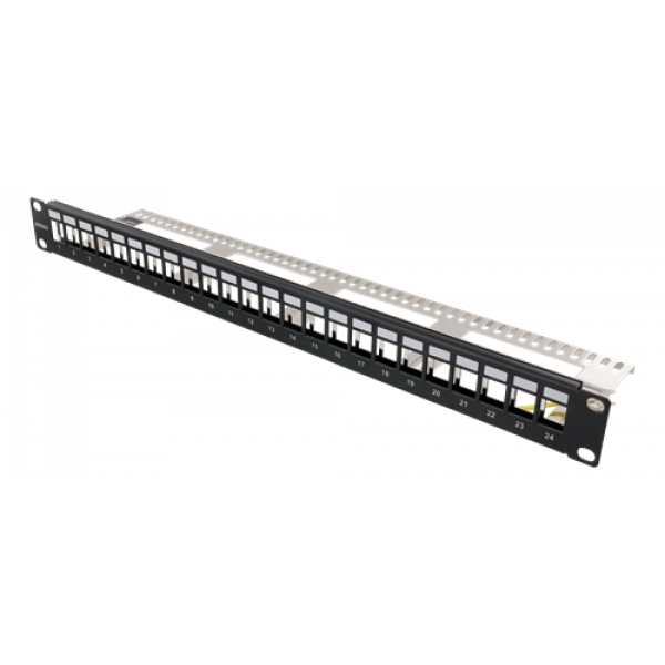 DELTACO 19" Keystone patchpanel, 24 portar, 1U, jordkabel, metall, sva PAN-214