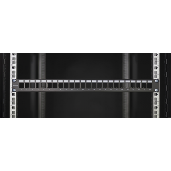 DELTACO 19" Keystone patchpanel, 24 portar, 1U, jordkabel, metall, sva PAN-214