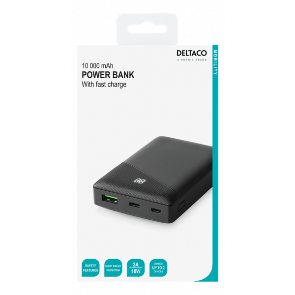 DELTACO power bank 10 000 mAh, 1x USB-C PD, 1x USB-A Fast Charge PB-C1000