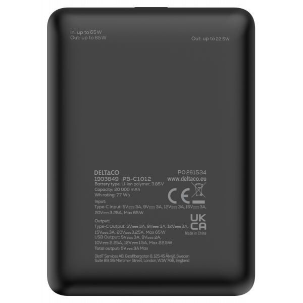 Power bank 20 000 mAh, PD 65 W for charging laptop, black PB-C1012