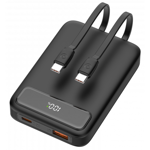 Power bank 10 000 mAh, dual USB-C cables, PD 20 W, black PB-CC100