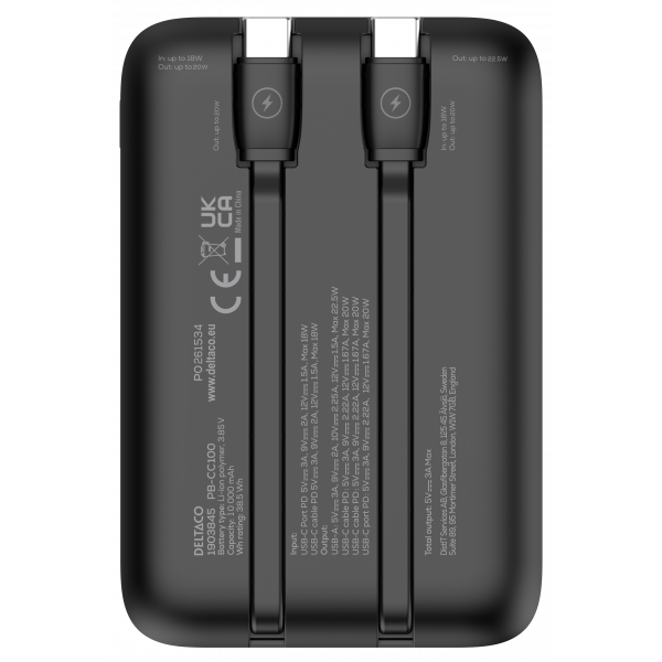 Power bank 10 000 mAh, dual USB-C cables, PD 20 W, black PB-CC100