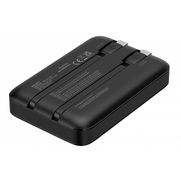 Power bank 10 000 mAh, dual USB-C cables, PD 20 W, black PB-CC100
