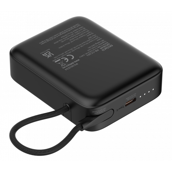 Power bank 10 000 mAh, built-in fabric cable, PD 20 W, black PB-CC101