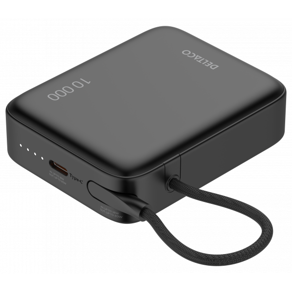Power bank 10 000 mAh, built-in fabric cable, PD 20 W, black PB-CC101