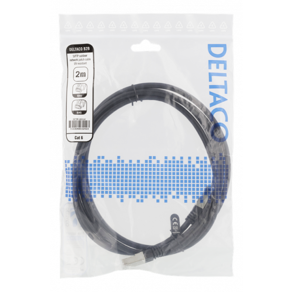 DELTACO S/FTP Cat6 patchkabel, 2m, 250MHz, UV-resistent, svart SFTP-62UV