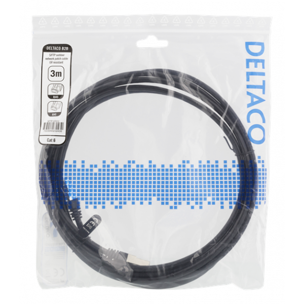 DELTACO S/FTP Cat6 patchkabel, 3m, 250MHz, UV-resistent, svart SFTP-63UV