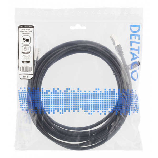 DELTACO S/FTP Cat6 patchkabel, 5m, 250MHz, UV-resistent, svart SFTP-65UV