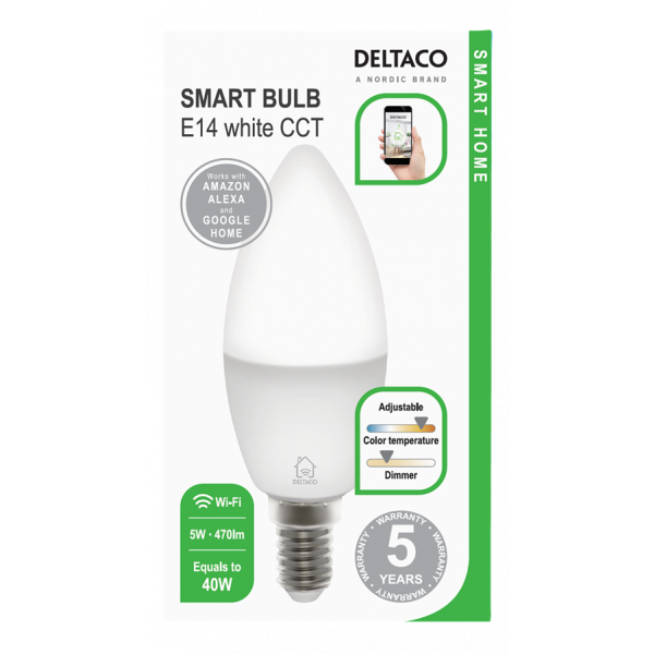 DELTACO SMART HOME LED-lampa, E14, WiFI, 5W, 2700K-6500K, dimbar, vit SH-LE14W