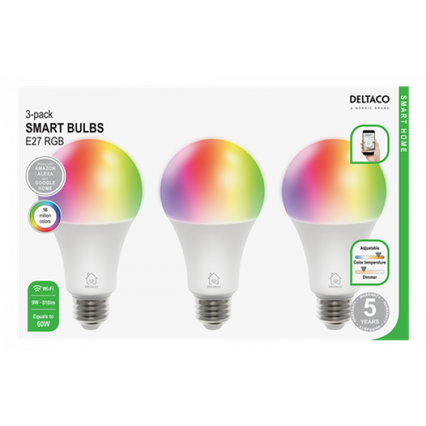 DELTACO SMART HOME RGB LED-lampa, E27, WiFI, 9W, 16milj färger, 3-pack SH-LE27RGB-3P