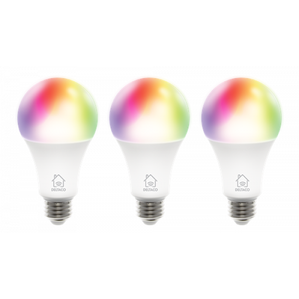 DELTACO SMART HOME RGB LED-lampa, E27, WiFI, 9W, 16milj färger, 3-pack SH-LE27RGB-3P