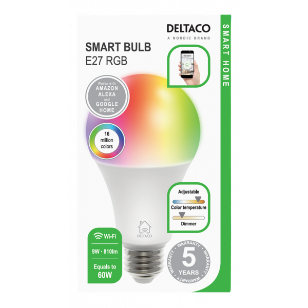 DELTACO SMART HOME RGB LED-lampa, E27, WiFI, 9W, 16milj färger, vit SH-LE27RGB