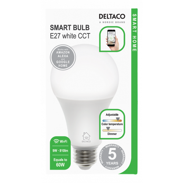 DELTACO SMART HOME LED-lampa, E27, WiFI, 9W, 2700K-6500K, dimbar, vit SH-LE27W