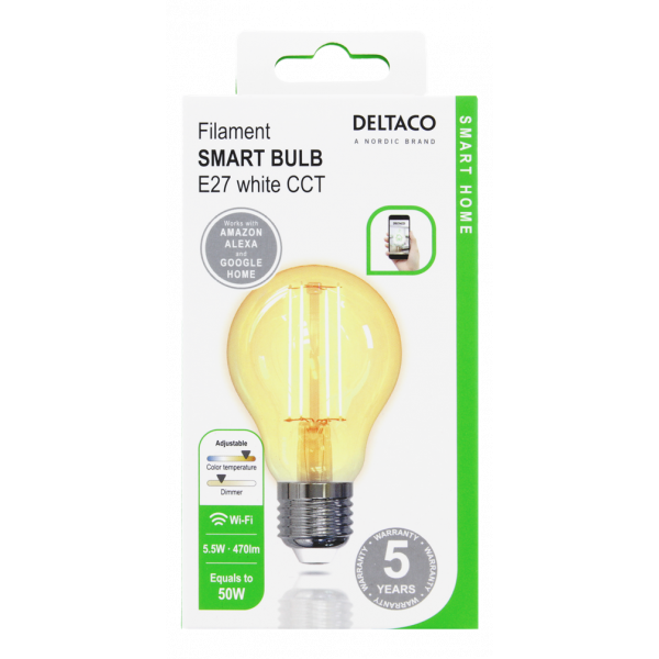 DELTACO SMART HOME FILAMENT LED-lampa, E27, WiFI, 5.5W, 1800K-6500K SH-LFE27A60