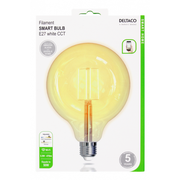 DELTACO SMART HOME FILAMENT LED-lampa, E27, WiFI, 5.5W, 1800K-6500K SH-LFE27G125