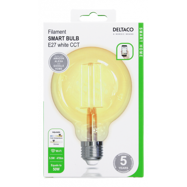 DELTACO SMART HOME FILAMENT LED-lampa, E27, WiFI, 5.5W, 1800K-6500K SH-LFE27G95