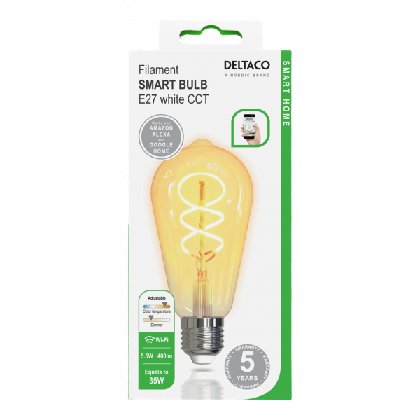 DELTACO SMART HOME FILAMENT LED-lampa, E27, WiFI, 5.5W, 1800K-6500K SH-LFE27ST64S