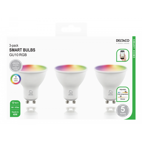DELTACO SMART HOME, Multipack of SH-LGU10RGB, 3 bulbs SH-LGU10RGB-3P