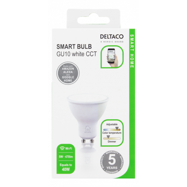 DELTACO SMART HOME LED-lampa, GU10, WiFI, 5W, 2700K-6500K, dimbar, vit SH-LGU10W