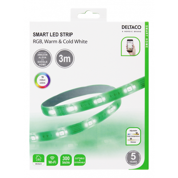 DELTACO SMART HOME LED-list, RGB, 2700K-6500K, 3m, WiFi 2,4GHz, vit SH-LS3M