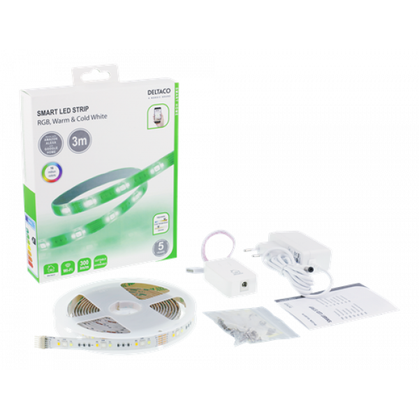 DELTACO SMART HOME LED-list, RGB, 2700K-6500K, 3m, WiFi 2,4GHz, vit SH-LS3M