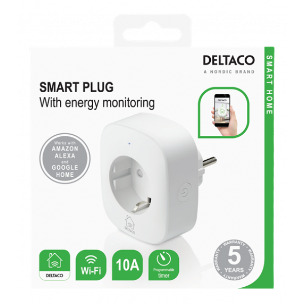 DELTACO SMART HOME strömbrytare, WiFi, 1xCEE 7/3, energiöversikt, vit SH-P01E
