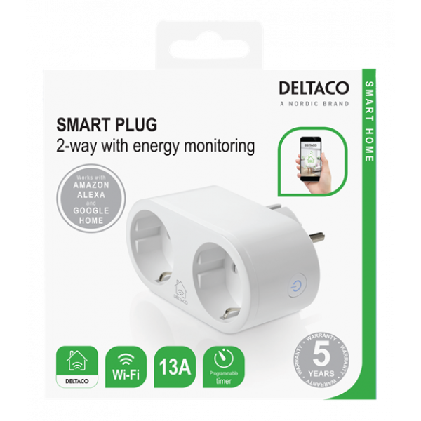 DELTACO SMART HOME strömbrytare, WiFi, 2xCEE 7/3, energiöversikt, vit SH-P02E