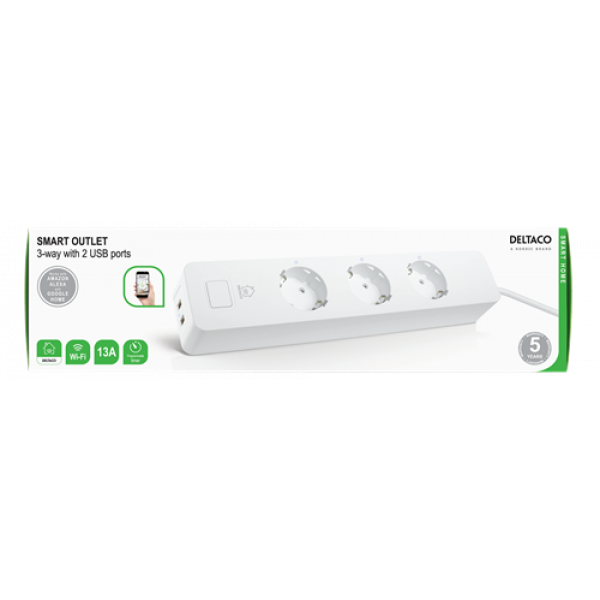 DELTACO SMART HOME grenuttag, WiFi, 3xCEE 7/3, 2xUSB-A, 1,5m, vit SH-P03USB2