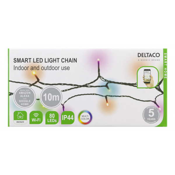 DELTACO SMART HOME WiFi light chain, 10m, 80 led, adapter,IP44,RGB SHLRGB10M