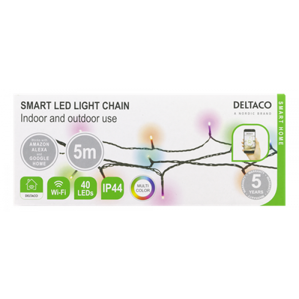 DELTACO SMART HOME WiFi light chain, 5m, 40 led, adapter,IP44, RGB SHLRGB5M
