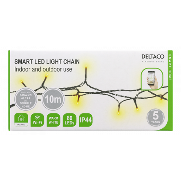 Deltaco Smart Home WiFi light chain, 10m, 80 led, adapter,IP44,WW SHLW10M
