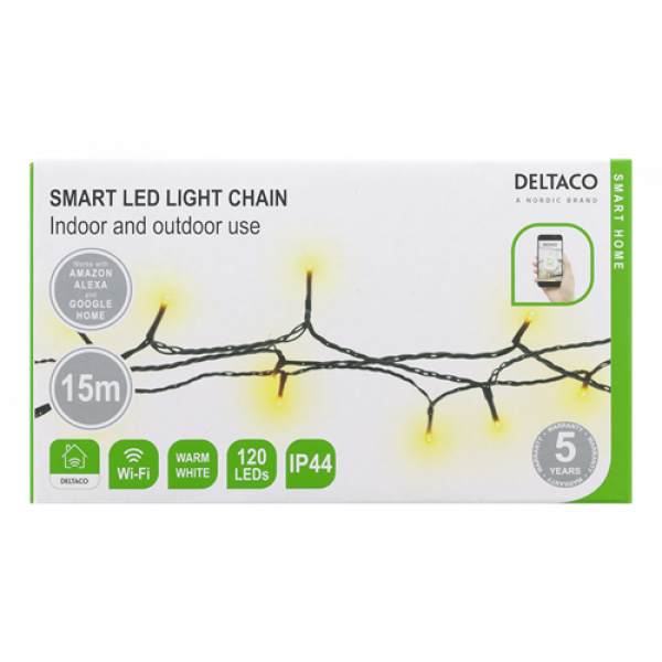DELTACO SMART HOME WiFi light chain, 15m, 120 led, adapter,IP44,WW SHLW15M