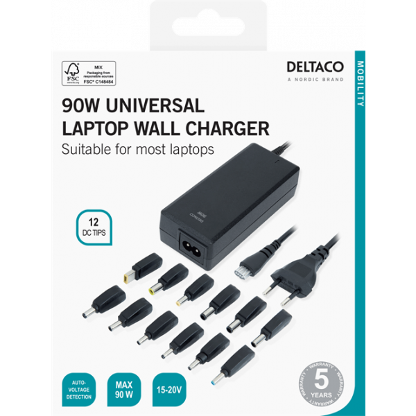 DELTACO notebook charger, 15-20 V, 6 A, 90 W, 12 tips, black SMP-90W12