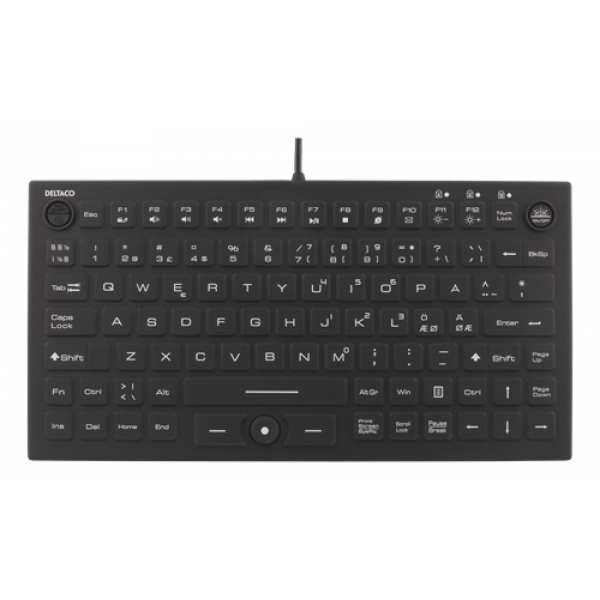 DELTACO Mini tangentbord i silikon, spillsäker, blå LED, IP68, svart TB-509