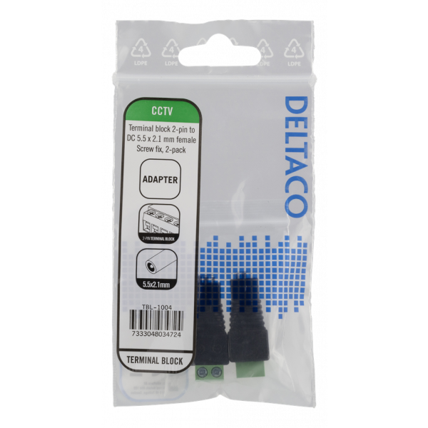 DELTACO 2-polig Skruvplint till 5.5 DC, 2-Pack, Skruvfix, 5.5 DC hona, TBL-1004