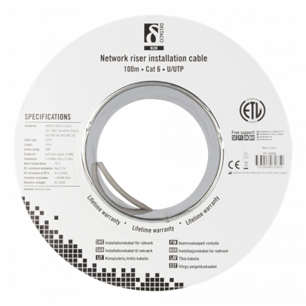 DELTACO U/UTP Cat6 riser installationskabel, 100m trumma, 250MHz, Delt TP-48BR