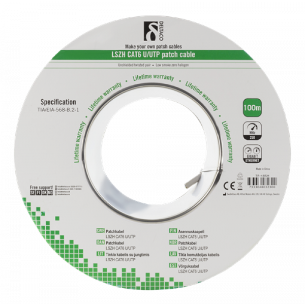 DELTACO U/UTP patchkabel, LSZH, Cat6, 100m, vit TP-48SH
