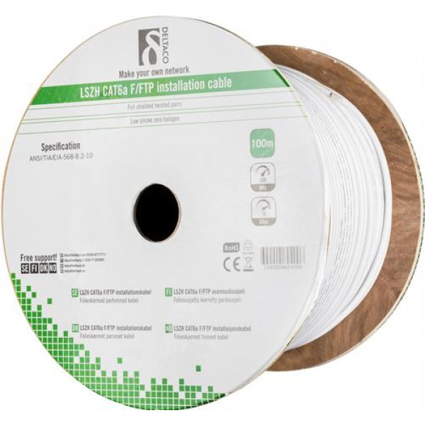 DELTACO F/FTP folieskärmad inst.kabel, Cat6a, LSZH , 100m rulle, vit