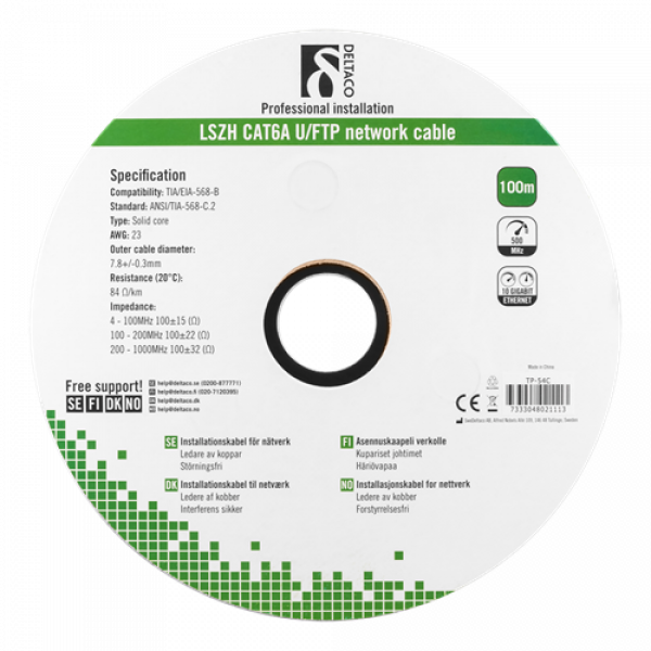 DELTACO U/FTP Cat6a installationskabel, 100m trumma, 500MHz, LSZH, vit