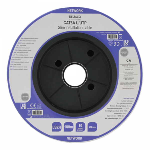 DELTACO U/UTP Cat6a installationskabel, slim 28AWG, 100m, LSZH, vit TP-56CS