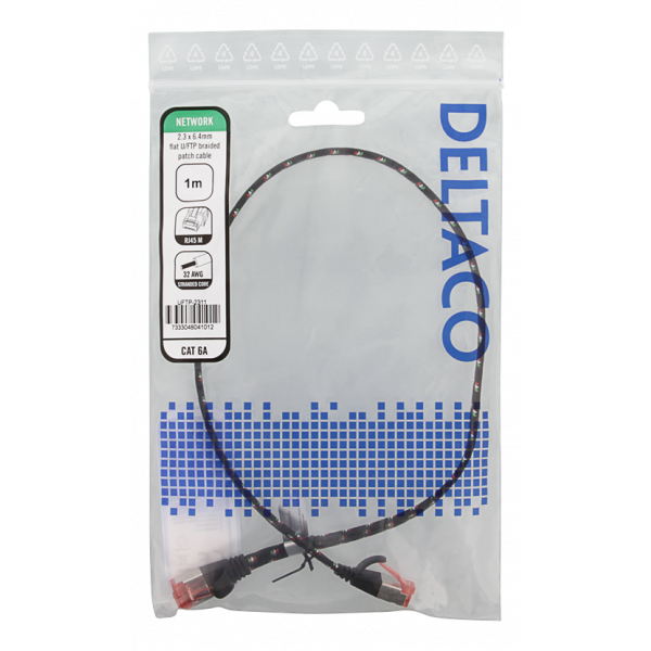 DELTACO Tough Flat CAT.6A U/FTP Patch Cable, 32AWG, 1m, black UFTP-2311