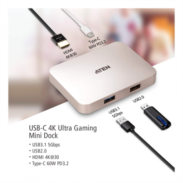 ATEN USB-C 4K Ultra Mini Dock - PD60W UH3235-AT