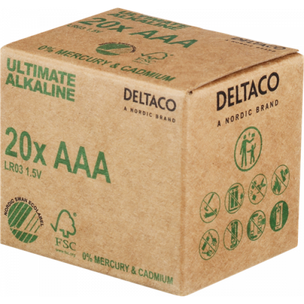 DELTACO Ultimate Alkaline batteries, LR03/AAA size, 20-pack bulk ULTB-LR03-20P