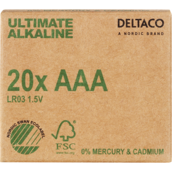 DELTACO Ultimate Alkaline batteries, LR03/AAA size, 20-pack bulk ULTB-LR03-20P