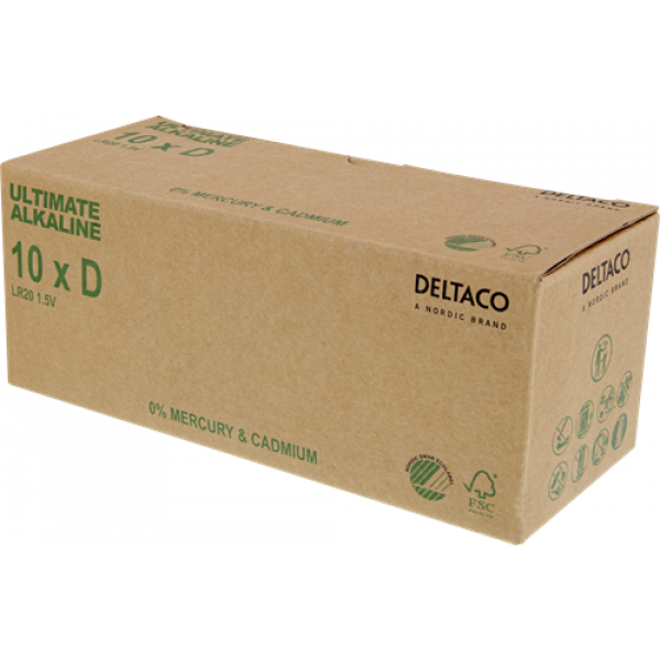 DELTACO Ultimate Alkaline batteries, LR20/D size, 10-pack bulk ULTB-LR20-10P
