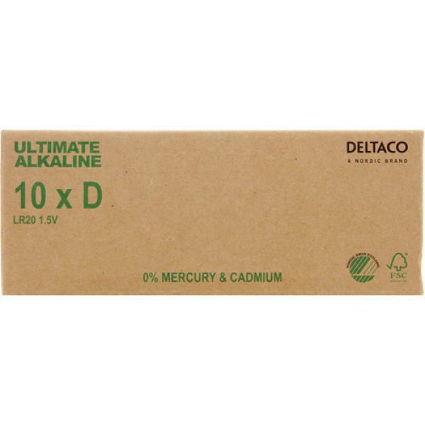 DELTACO Ultimate Alkaline batteries, LR20/D size, 10-pack bulk ULTB-LR20-10P