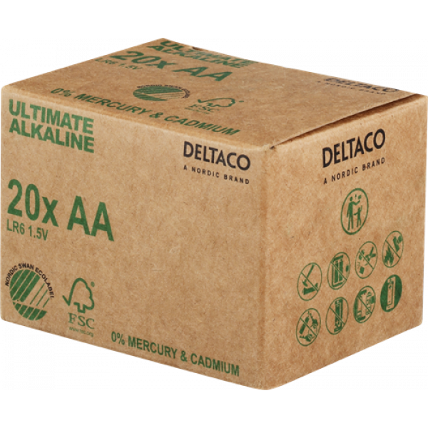 DELTACO Ultimate Alkaline batteries, LR6/AA size, 20-pack bulk ULTB-LR6-20P