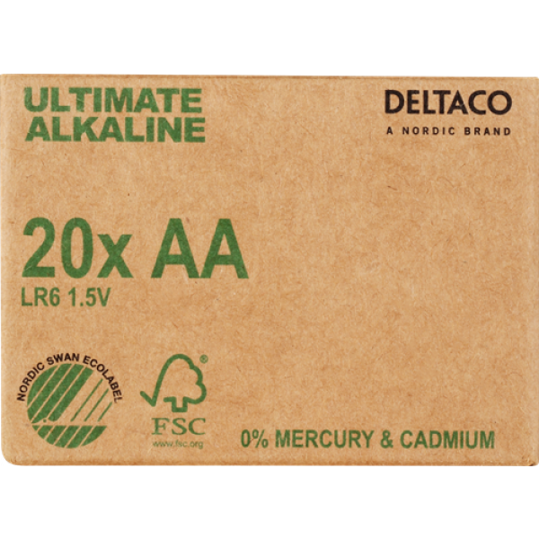 DELTACO Ultimate Alkaline batteries, LR6/AA size, 20-pack bulk ULTB-LR6-20P