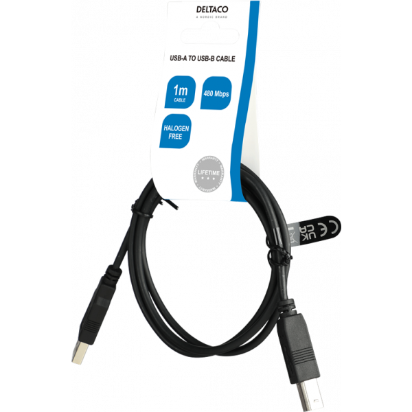DELTACO USB2.0 cable Typ A - Typ B 1m, black USB-210S-LSZH